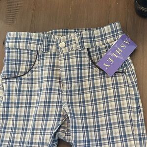 Girl size 10- Ashley Blue, cream pink Plaid knee patch sticky breeches NW5